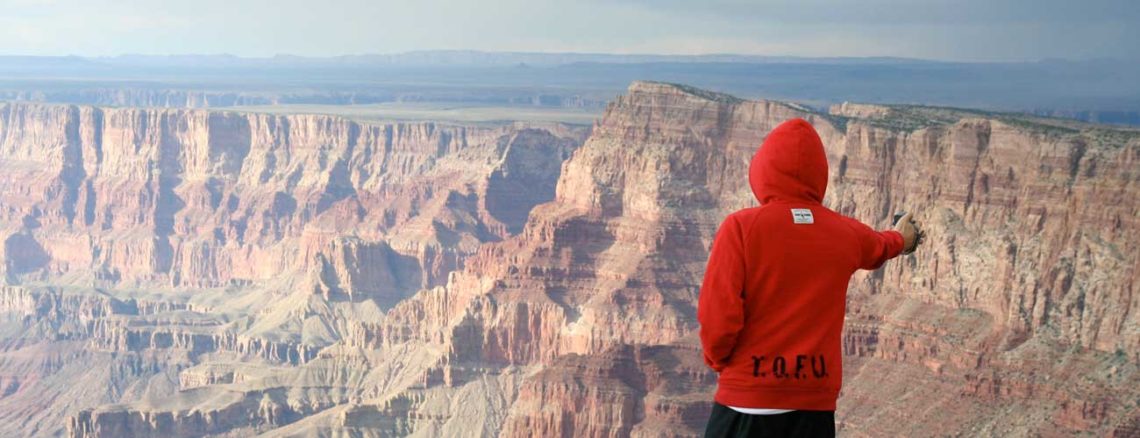 Image contains a photo of a man in a red hoodie facing away from the camera. In the background, the grand canyon is visible.