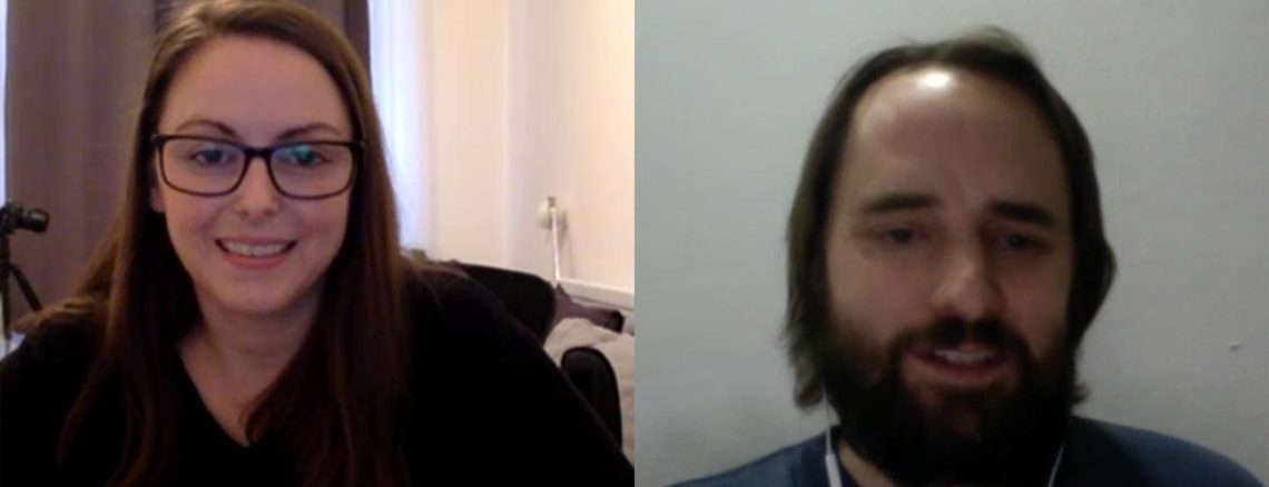 Image contains a photo of a video chat between a man and a woman. On the right, the man is smiling and looking to the right. On the left, the woman is smiling as well.