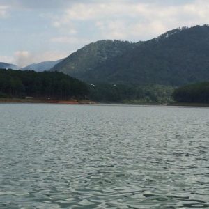 Image contains a photo of a relatively calm lake. In the background, there are rolling hills covered in tall green trees against a blue sky.